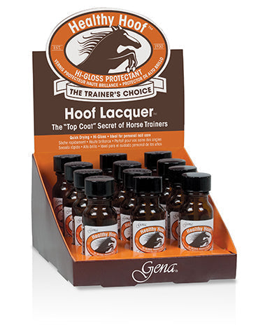 Gena Healthy Hoof Lacquer Display - A retail display of multiple Gena Healthy Hoof Hi-Gloss Protectant bottles, known for nail and hoof care.