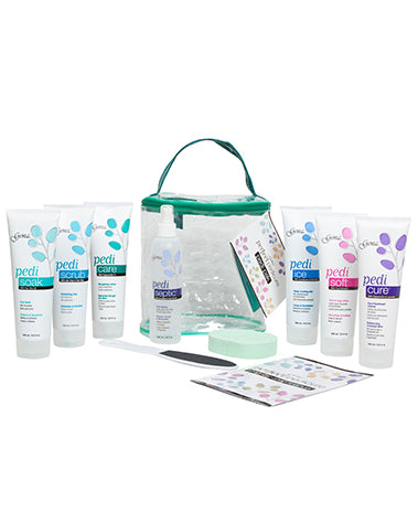 Comprehensive three-dimensional illustration of Gena Pedi Pak salon starter kit lay individually in white color background