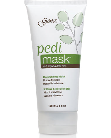 Front-facing of a 6-ounce Gena Pedi Mask in a printed tube type bottle with product details and information