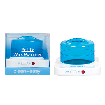 Front view of Clean+Easy Petite wax warmer inside its transparent packaging box with mini pot wax warmer on the side