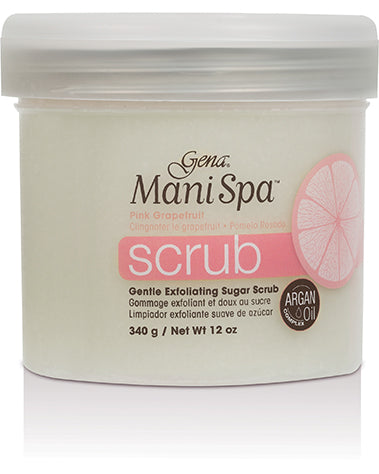 Closeup of Gentle Exfoliating Sugar Scrub for hands, nails, and cuticles from Gena in a 12-ounce capped canister
