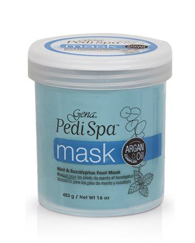 Slightly top view of Gena Pedi Spa nourishing foot mask in 16-ounce capped bottle with printed product information