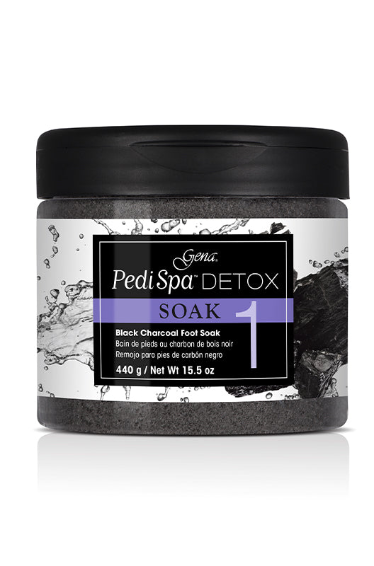 Front view of Pedi Spa Detox Black Charcoal Soak in 15.5-ounce flask with black color lid and labeled text