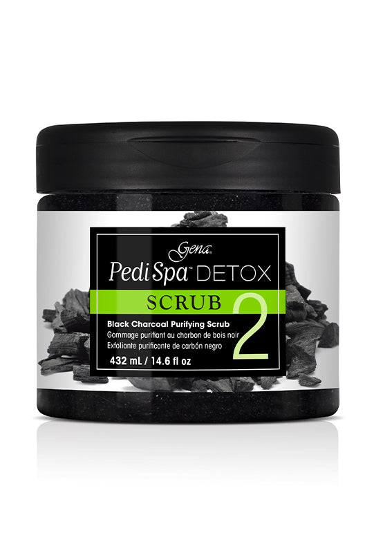 Closer look on capped Pedi Spa Detox Black Charcoal Purifying Scrub in 14.6-ounce container with printed labeled text