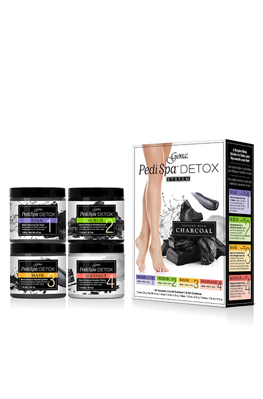 3D demonstration of 4-piece Pedi Spa Detox Black Charcoal foot care box and products lay in white setting background