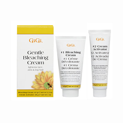 GiGi Gentle Bleaching Cream retail box side by side with tubes of #1 Bleaching Cream and #2 Cream Activator