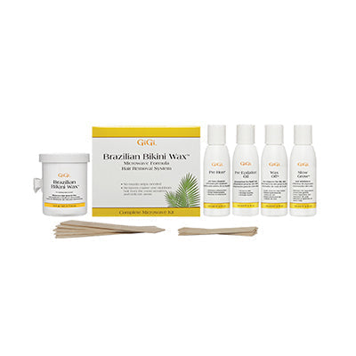 GiGI Brazilian Bikini Wax Microwave Kit retail box alongside Wax container, Waxing Care Products, & Accu Edge Applicators