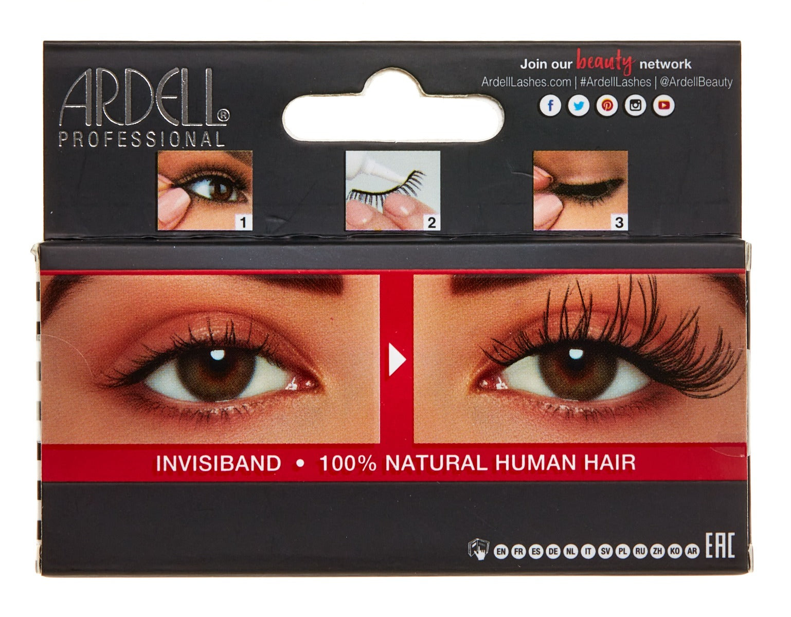 Back details of Ardell's Wispies 703 packaging with image illustration for the steps and image preview after application