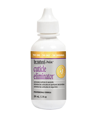 Front view of a 2 ounce bottle of ProLinc Cuticle Eliminator with grey & purple themed label printed with details