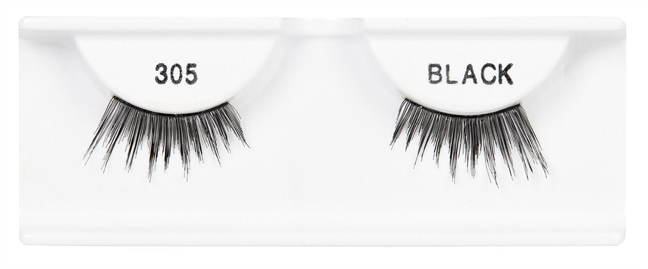 Ardell 305 Black false eyelashes in packaging for a natural, wispy look. Lightweight and reusable.