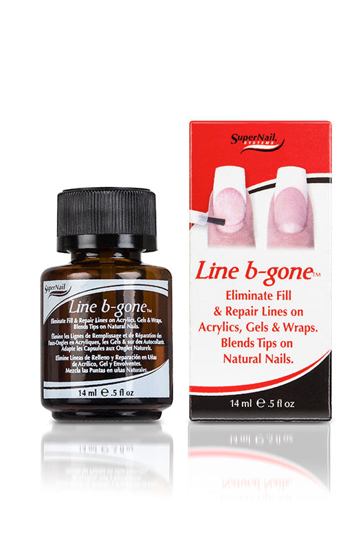 SuperNail Line B-Gone Fill & Repair – 14mL liquid solution to eliminate fill lines on acrylics, gels, and wraps for a smooth finish.
