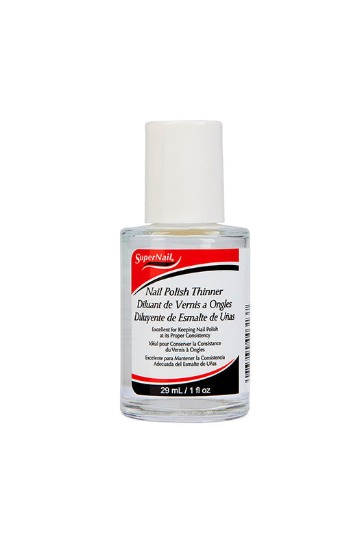 Closer look on a 29 ml / 1 oz SuperNail Nail Polish Thinner bottle with label graphics and product details