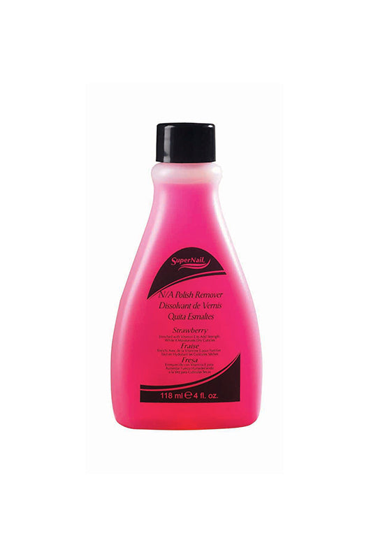 Front facing of SuperNail Polish Remover with Strawberry scent with printed label text and product information