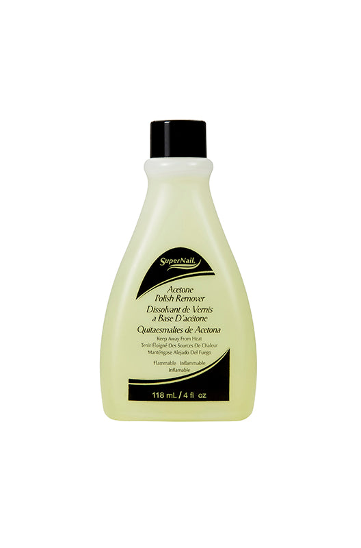 Frontal view of SuperNail Acetone Polish Remover in 4-ounce container with printed label