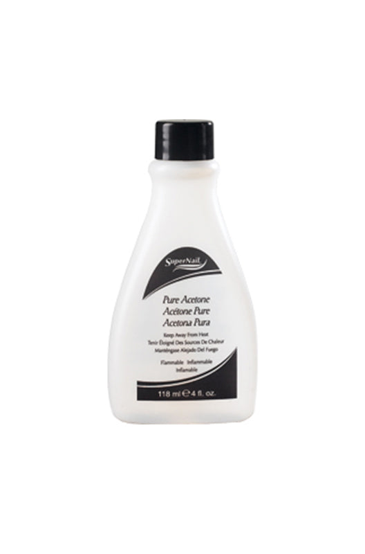 Front view of SuperNail Pure Acetone with 4-ounce bottle capped with black cover lid and isolated in white background