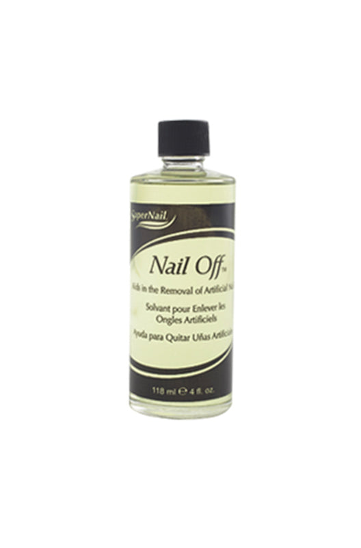 Frontage of SuperNail NailOff with a 4-ounce bottle with printed text and product information lay in white color background