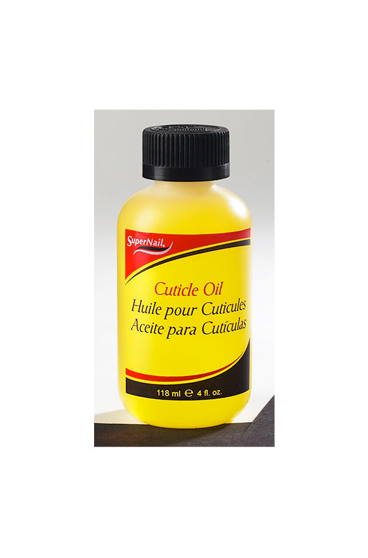 Illustration of SuperNail Cuticle Oil in 4-ounce capped bottle lay in a tall box frame