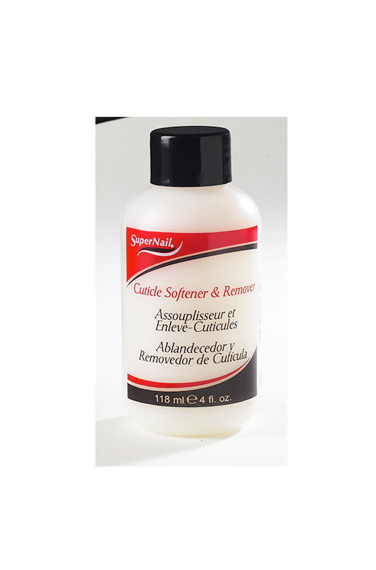Front view of SuperNail Cuticle Softener & Remover in 4-ounce bottle size with printed product information