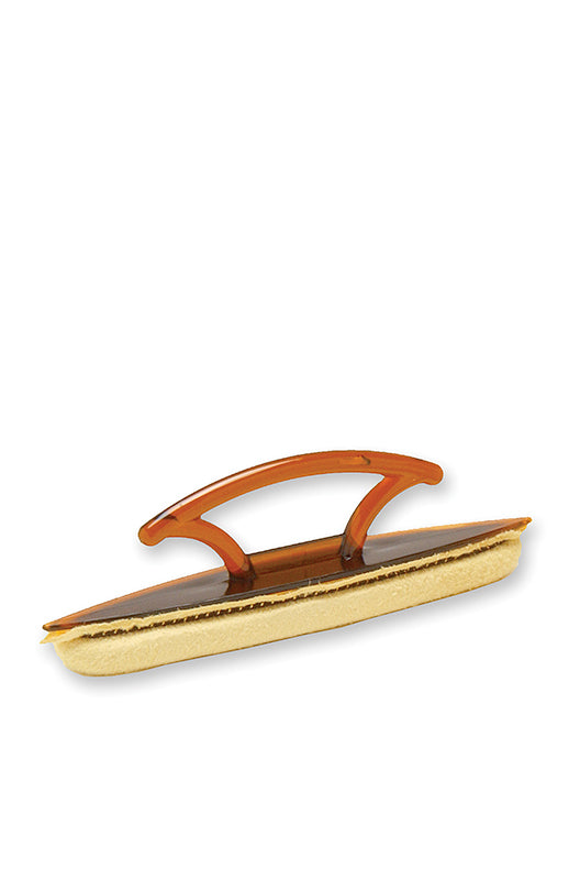 Ergonomically shaped 5-inch SuperNail Chamois Buffer in 45-degree angle position lay in white color scene