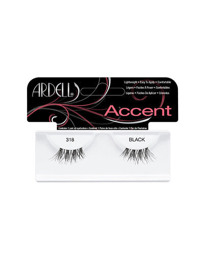 Frontage of an Ardell Accents 318-Black false lashes set in a wall hook ready retail packaging with printed "318 Black" text
