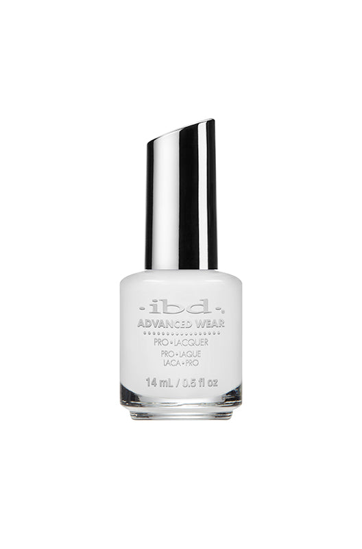 A 0.5 ounce transparent glass bottle containing ibd Advanced Wear French White nail polish
