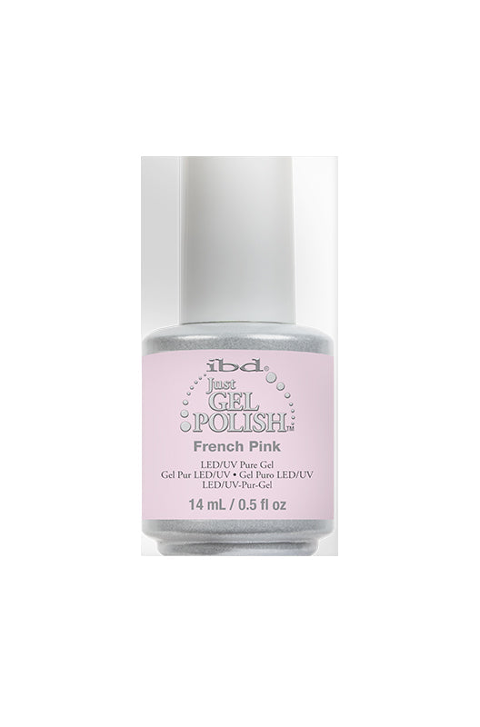 Front-facing of 0.5 ounce white and green bottle of ibd Just Gel Polish in French Pink color variant