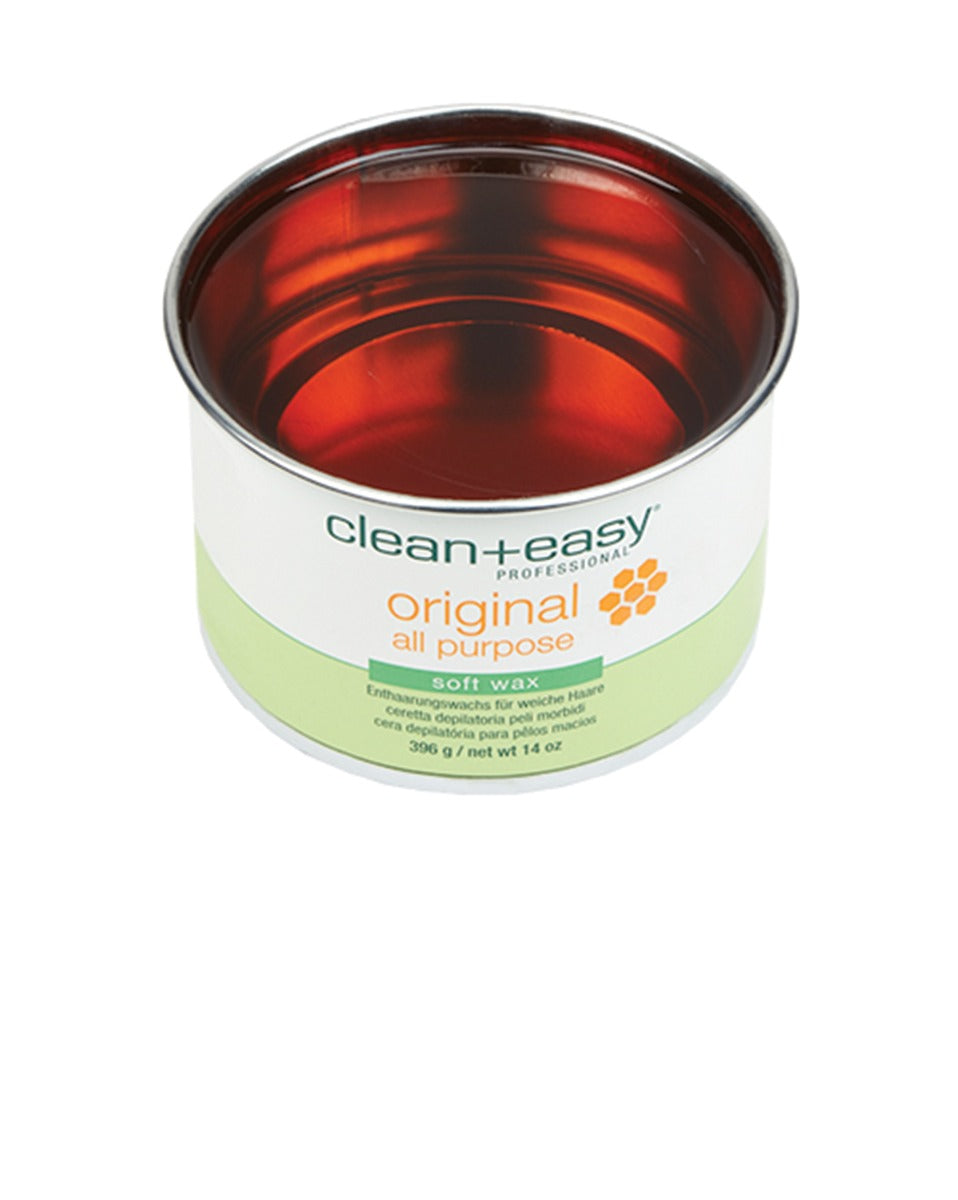 Open can of Clean+Easy professional all-purpose soft wax, designed for smooth and effective hair removal.