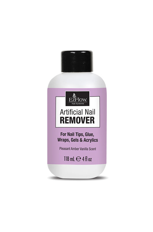 Front facing of EzFlow Artificial Nail Remover in a 4-ounce two-tone color bottle with product information