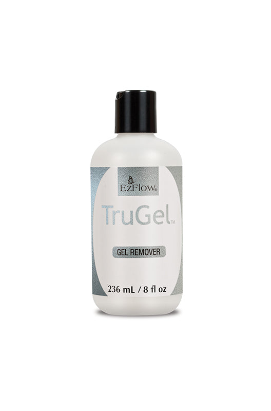 Expansive view of an 8-ounce container filled with EzFlow TruGel Gel Remover showing its product label