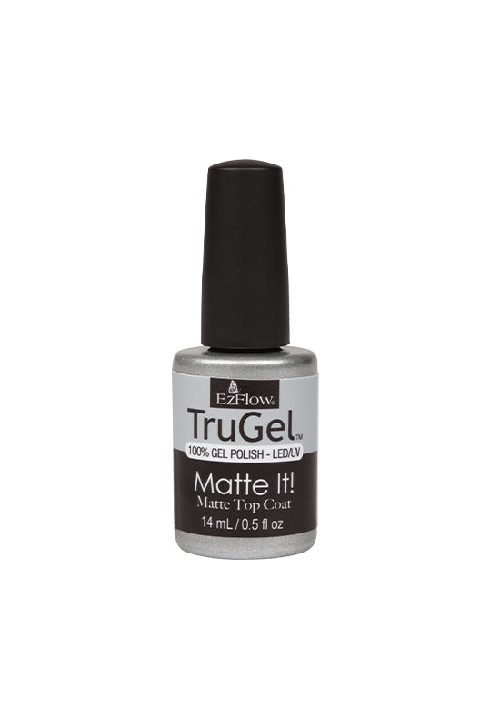 Front facing of an 0.5 ounce bottle filled with EzFlow TruGel Matte It! Top Coat