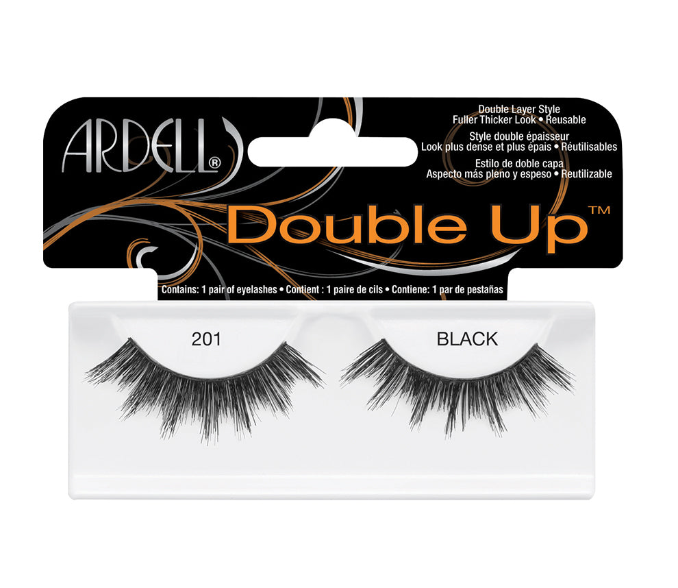 A pair of Ardell Double Up 201 featuring its elongated lash in the center with shorter inner and outer corners