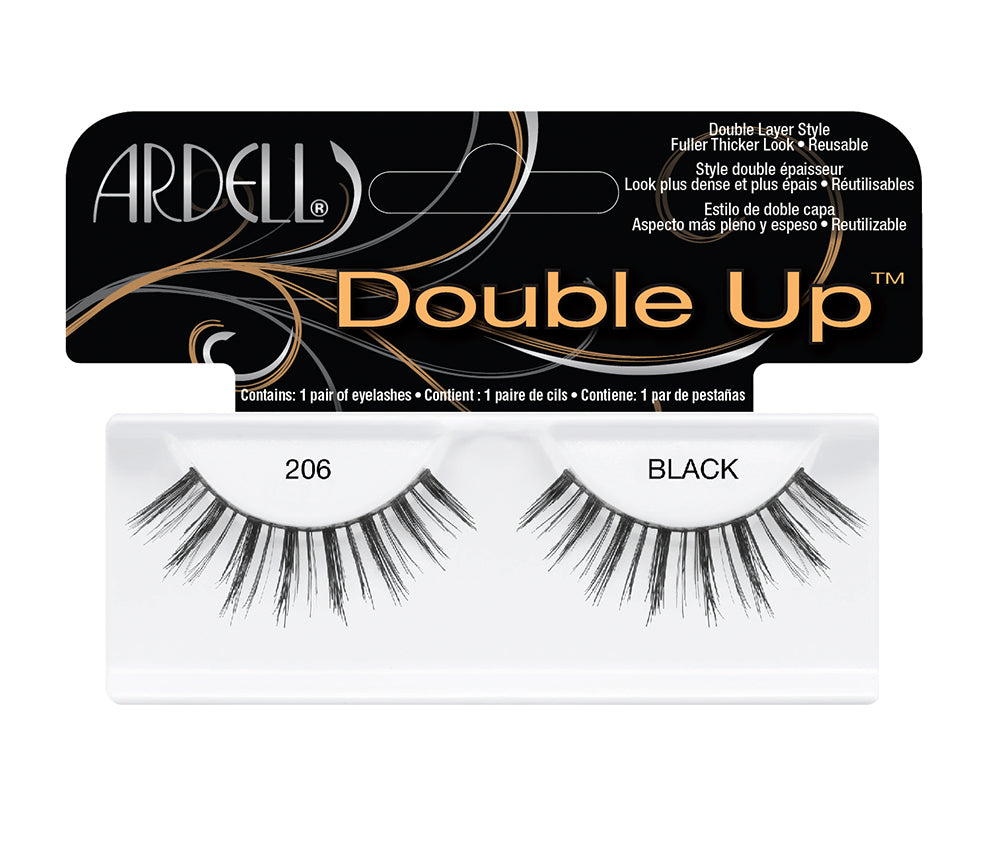 A single pair of Ardell Double Up Lash 206 was placed into its retail wall hook with some texts written on it