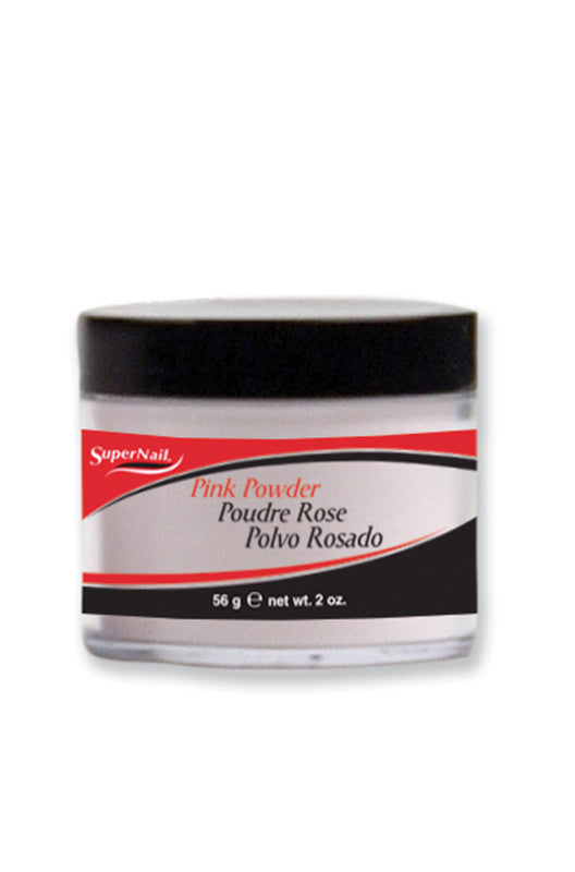 Frontage of SuperNail Pink Powder in 2 ounce flat canister with printed labeled text