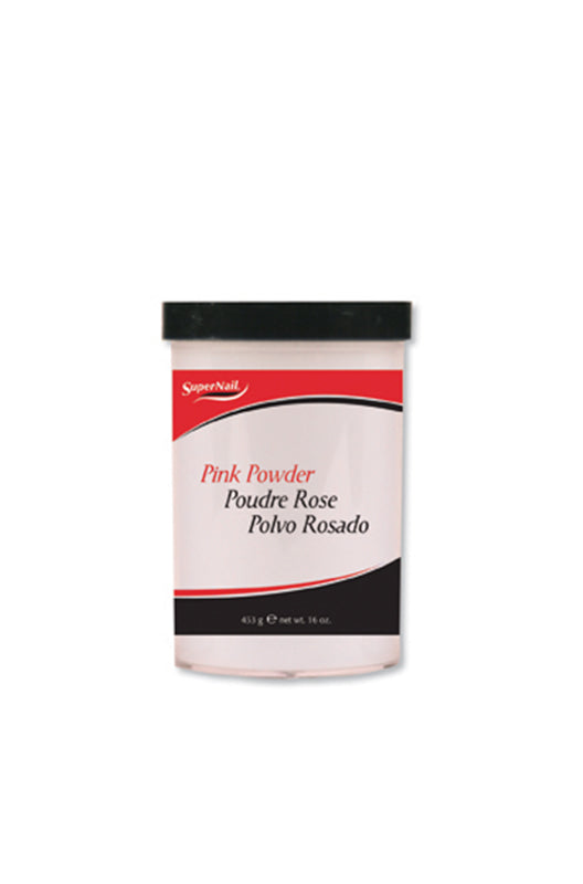 Expansive view of SuperNail Pink Powder in 16 ounce container jar with printed product information