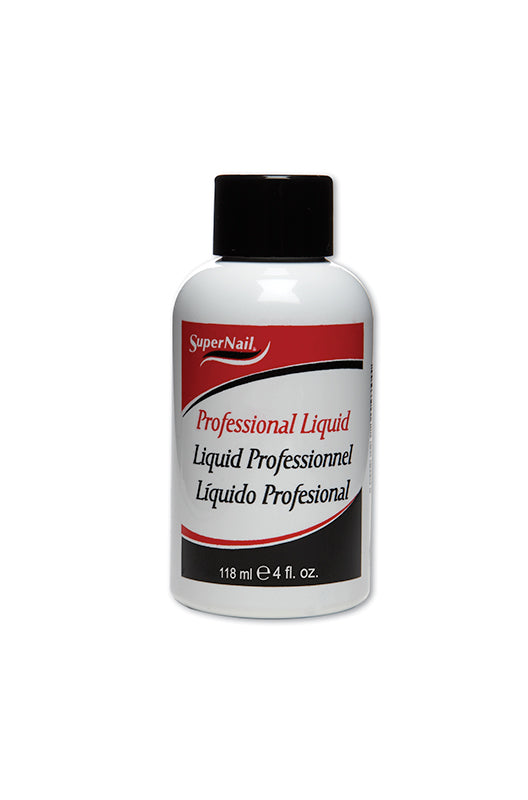 Frontage of SuperNail Nail Liquid 4-ounce bottle with black lid and printed labeled details