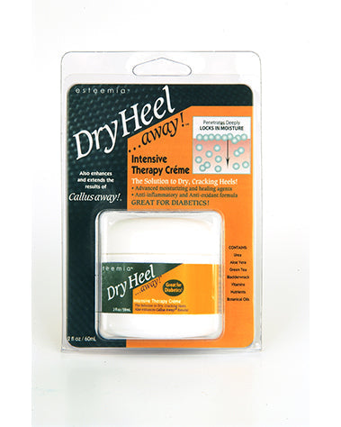 A 2 ounce container of Dry Heel Away Intensive Therapy Crème in its clear plastic clamshell with product information insert