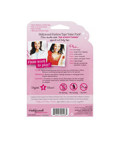Back of the Hollywood Fashion Secrets Fashion Tape Value Pack, highlighting product benefits, usage instructions, and styling tips.