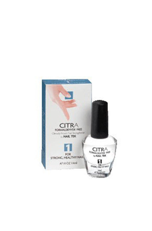 A clear 0.47 bottle of Nail Tek Citra 1 with black brush cap next to its retail box packaging