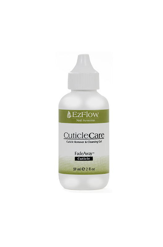 Frontage of EzFlow Fade Away Gel Cuticle Remover in a 2-ounce bottle with text and two tone color design on its label