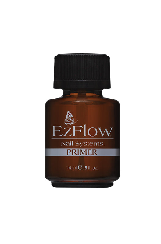 Small brown 0.5 oz. bottle of EzFlow Nail Systems Primer, enhancing nail adhesion for long-lasting acrylic and gel nail applications.