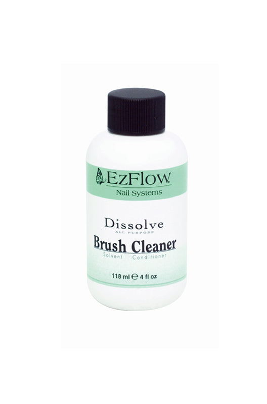 Slightly top view of EzFlow Nail Systems Dissolve Brush Cleaner in a 4-ounce bottle with black color lid and printed label