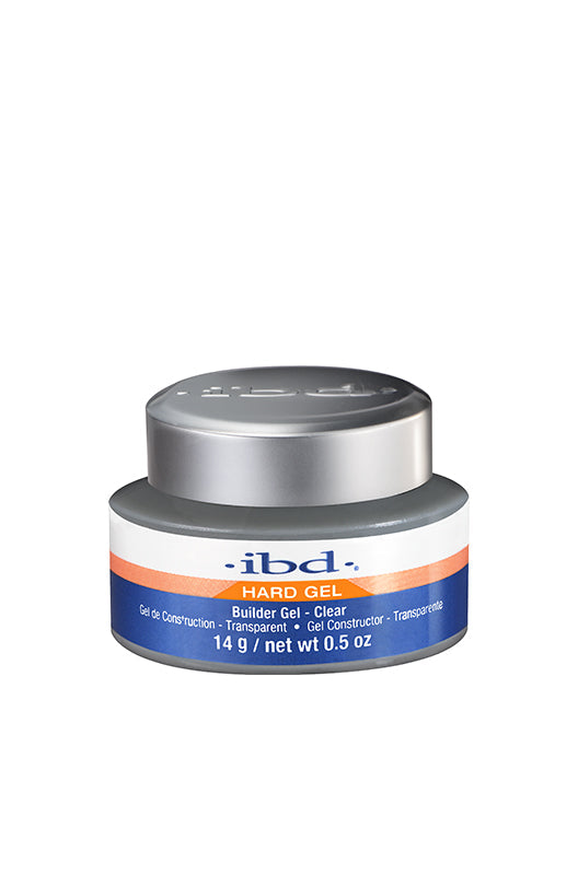Front facing grey 0.5 ounce round jar containing ibd UV Clear Builder Gel capped with silver twist cover