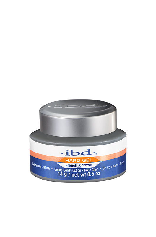A capped 0.5-ounce container filled with ibd UV Xtreme Blush Gel featuring its product label printed with information