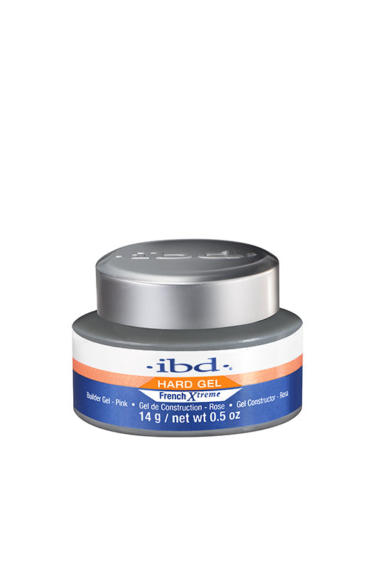 0.5 ounce round plastic container with silver twist cap filled with ibd French Xtreme Gel Pink Builder