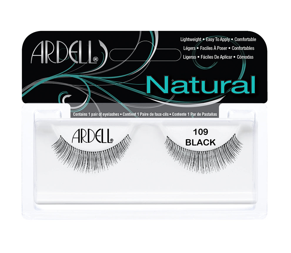 Front view of an Ardell Natural 109 faux lashes set in complete retail wall hook packaging