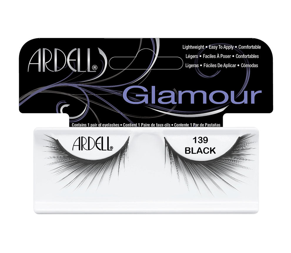 Front view of an Ardell Black 139 false lashes set in complete retail wall hook packaging