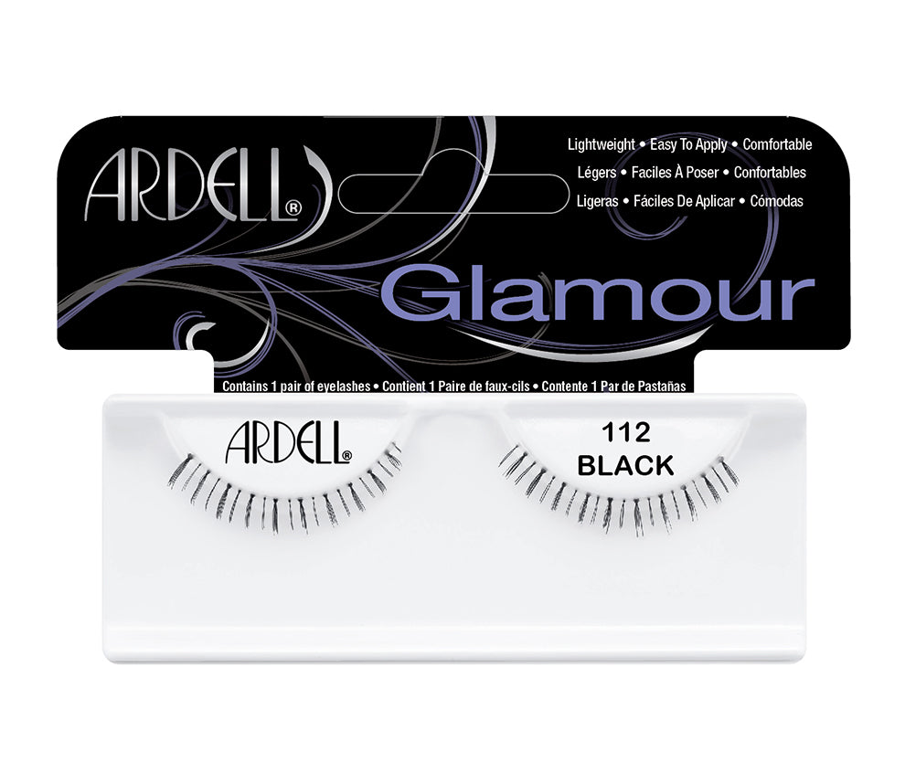 Front view of an Ardell Natural 112 - Black faux lashes set in complete retail wall hook packaging