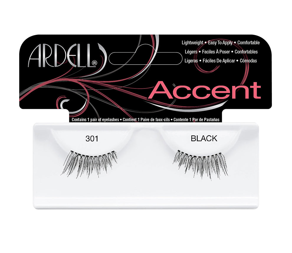 Front view of an Ardell Lash Accent 301 faux lashes set in complete retail wall hook packaging