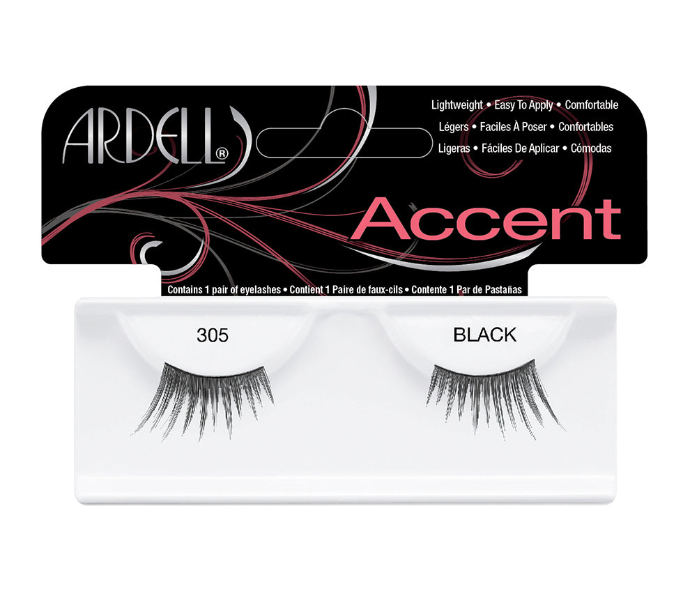 Front view of an Ardell Magnetic Lash Accent 305 false lashes set in retail wall hook packaging