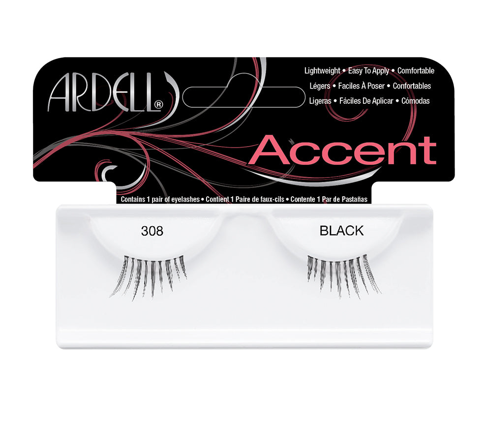 Front view of an Ardell Lash Accent 308 faux lashes set in retail wall hook packaging